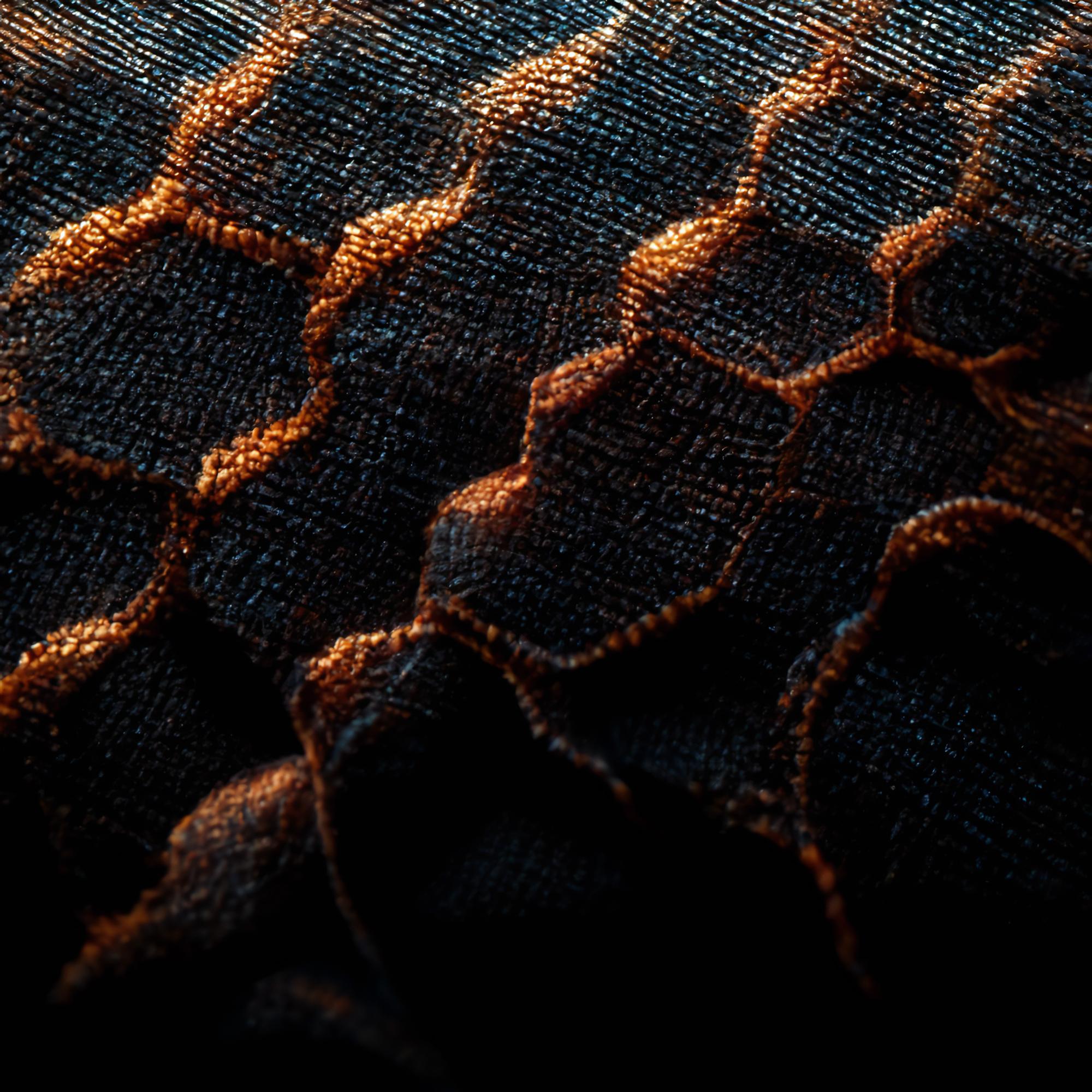 Close-up of geometric embroidery on dark fabric